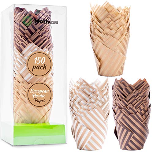 150 Pcs Brown White Tulip Style Baking Wrappers Muffin Cups Greaseproof Parchment Paper Non-Stick for Medium Large Cupcakes 